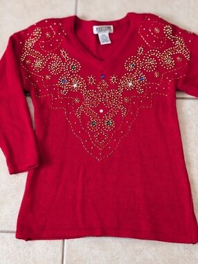 Vintage Western Red Beaded Sweater Size Large